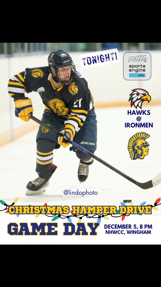🏒🥅 Home game tonight vs the Mitchell Hawks; puck drop 8 pm!

☃️ If you have new unwrapped toys, clothing, non-perishable food or gift card/cash donations for our Christmas Hamper drive, please see our volunteers at the front gate. 🔵🟡

If you can't make it to the game, stream on SportsEnginePlay. 

LET'S GO, TINMEN!!! 

📸 @lindophoto 

#ironmen #tinmen #pjhl