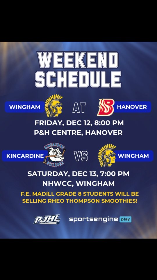 Time to plan your weekend! Friday night the Ironmen head to Hanover. Home game this weekend is on Saturday vs Kincardine, 7 pm start. The grade 8's from F.E. Madill will be selling Rhéo Thompson Mint Smoothies at the game! That plus all your faves: 50/50, chuck-a-puck, game night lottery and more! 🔵🟡