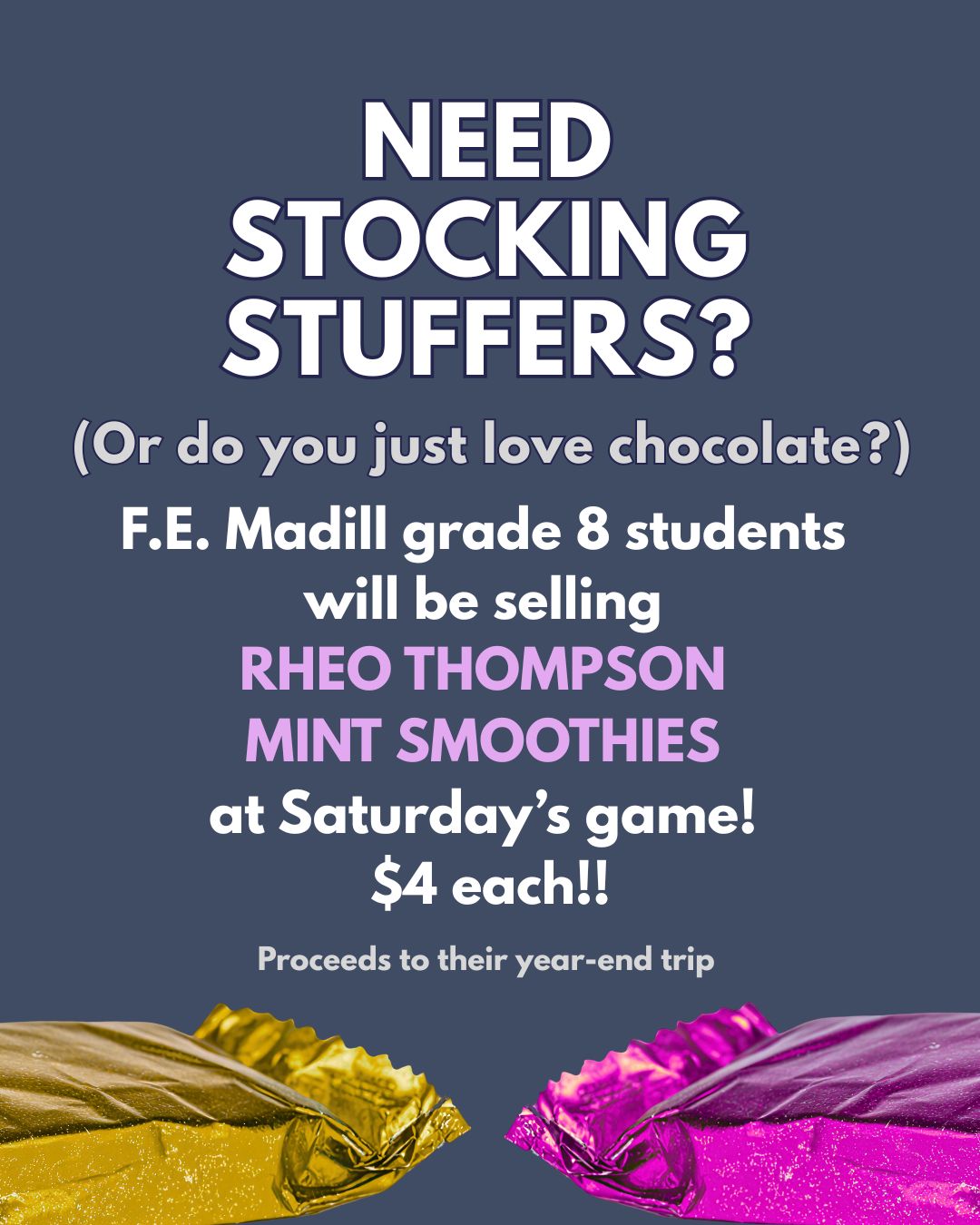 Grade 8 students from F.E. Madill will be at our home game on Saturday selling everyone's favourite: Rheo Thompson Mint Smoothies! They are raising funds for their year-end trip. $4 each! 🍫🍫

#Wingham #community #yum