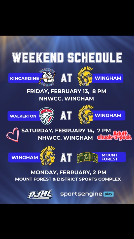 Last 2 home games of the regular season, Friday night vs Kincardine at 8 pm, and Saturday night vs Walkerton at 7 pm. 

Saturday night we invite grown ups to join in on the fun of Chuck-a-Puck in the second intermission, after the kids' Chuck-a-Puck contest! 💙💛

On Family Day the Ironmen head to Mount Forest! 

#ironmen #tinmen #pjhl