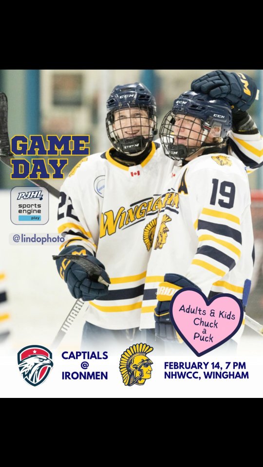 Last regular season home game tonight vs Walkerton; puck drop 7 pm.

💘 PLUS Valentine's Chuck-a-Puck for both adults and kids! 

Prizes are provided by Christine's Clothes Closet, Sweets & Treats, IDA Wingham, The Gift Chest, and Frosty Queen!! Pucks are $2 for adults and $1 for kids! 💙💛

📸 @lindophoto 

#ironmen #tinmen #pjhl